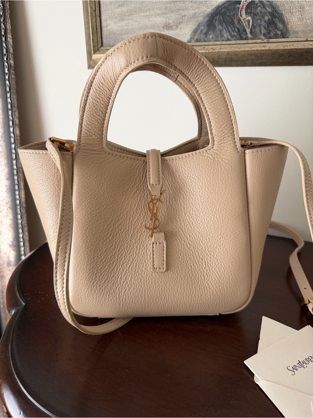 Saint Laurent Inspired light Cumin Baby Bea Pebbled Leather Mini Tote Crossbody